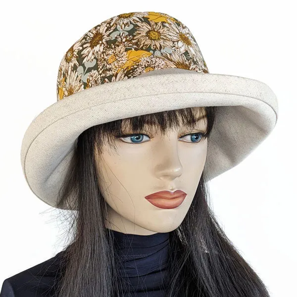 115-a Sunblocker UV summer hat with large wide brim featuring sunflowers print in earth tones