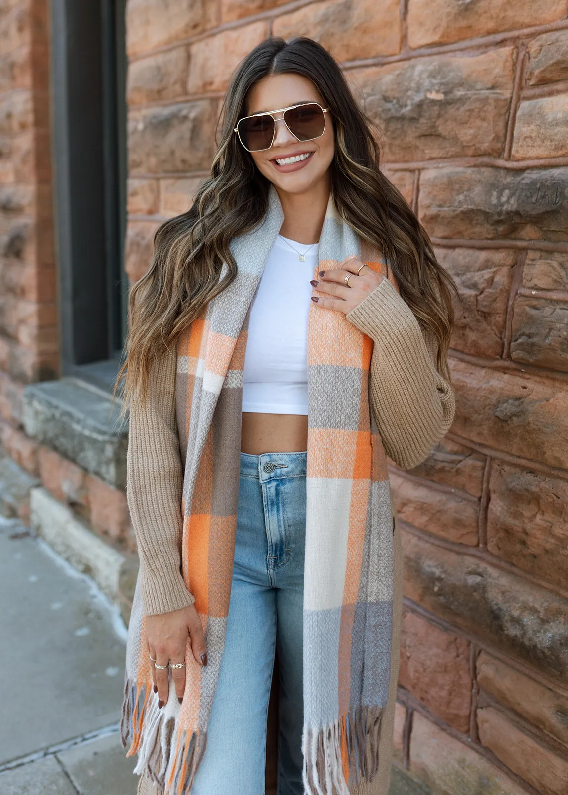 Autumn Color Block Fringe Scarf - Orange