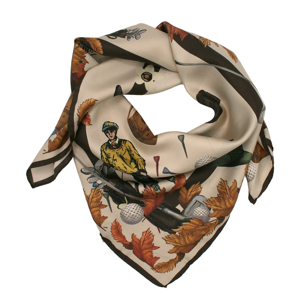 Beige and brown golf themed silk scarf 90