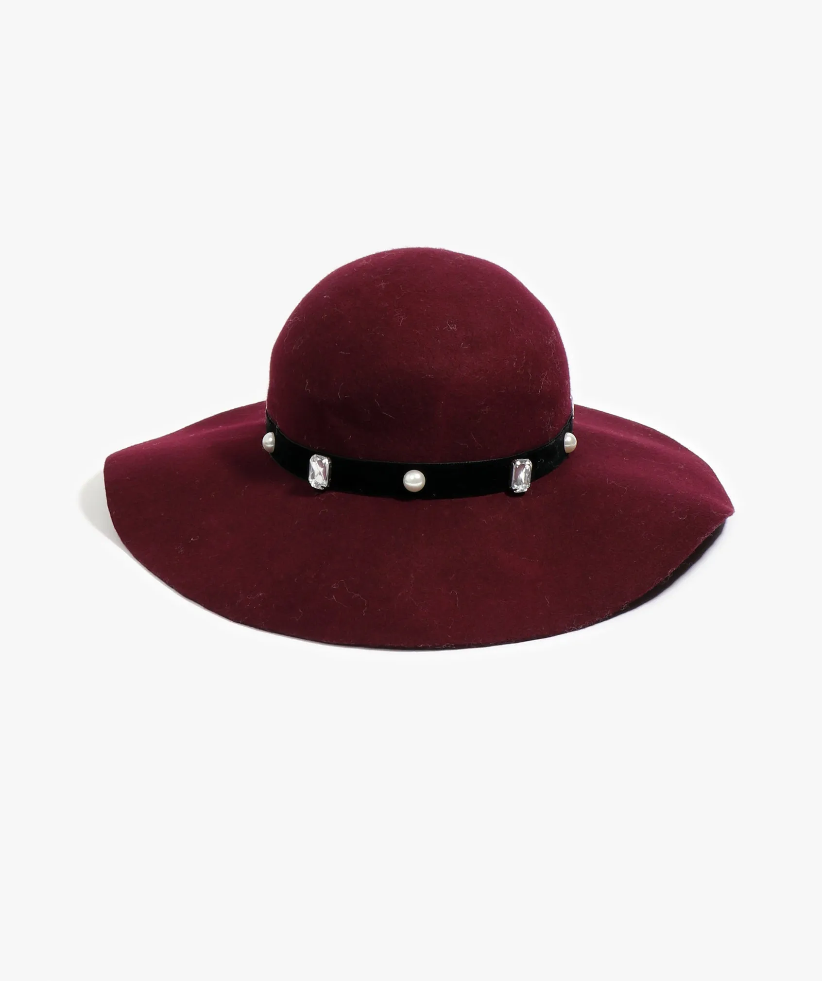 Burgundy Wool Wide Brim Hat with Velvet Embellished Band