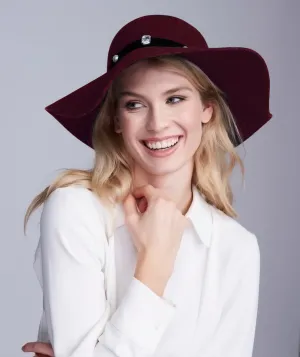 Burgundy Wool Wide Brim Hat with Velvet Embellished Band