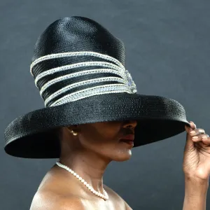 BW4439-Black Wide Brim Diamond Dress Hat