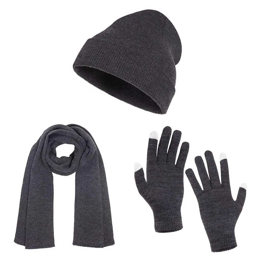 Casaba Winter 3 Piece Set Beanie Hat Scarf Touchscreen Gloves Flat Knit for Men Women