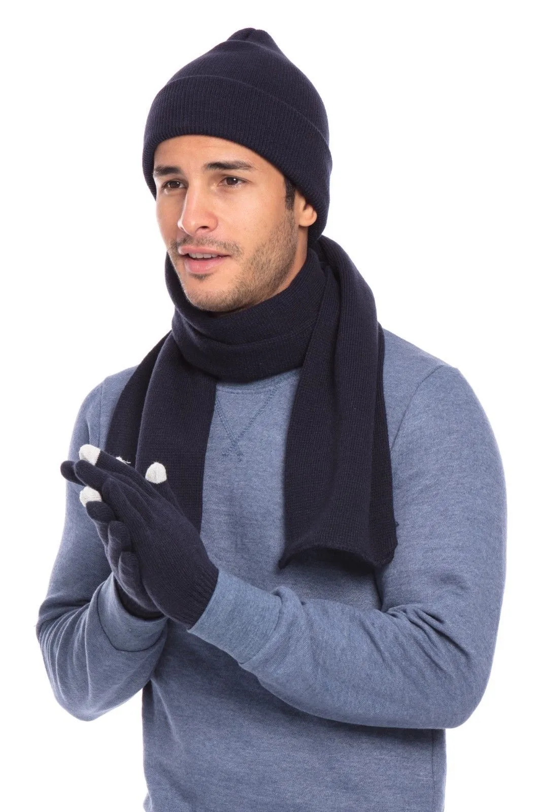 Casaba Winter 3 Piece Set Beanie Hat Scarf Touchscreen Gloves Flat Knit for Men Women