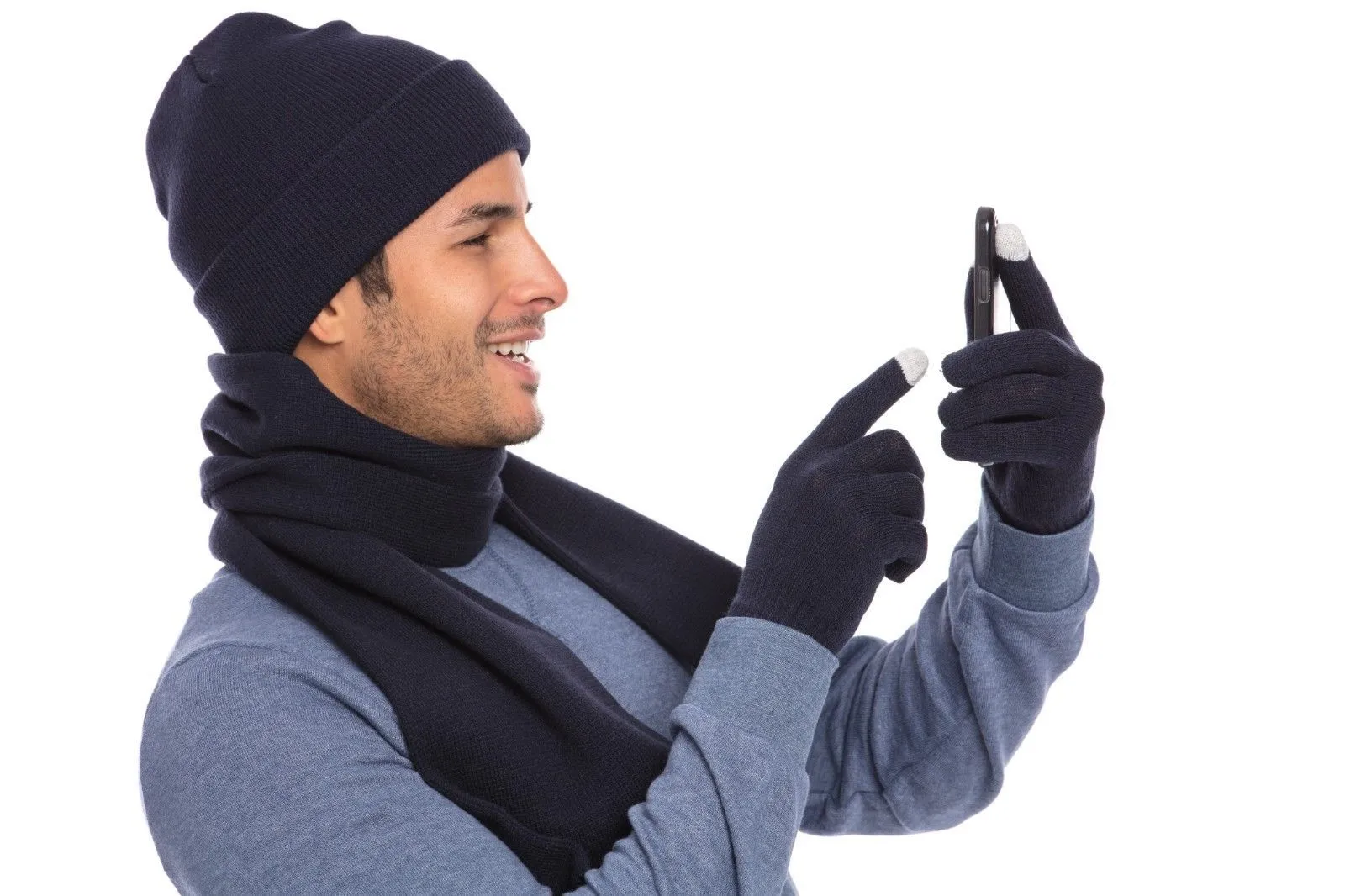 Casaba Winter 3 Piece Set Beanie Hat Scarf Touchscreen Gloves Flat Knit for Men Women