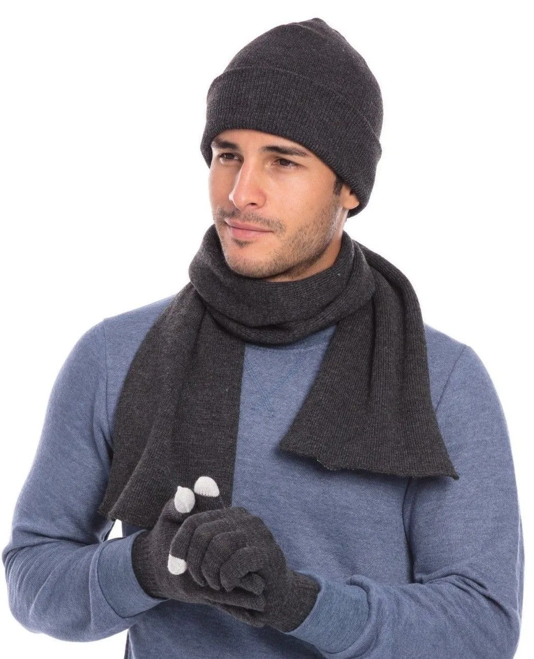 Casaba Winter 3 Piece Set Beanie Hat Scarf Touchscreen Gloves Flat Knit for Men Women