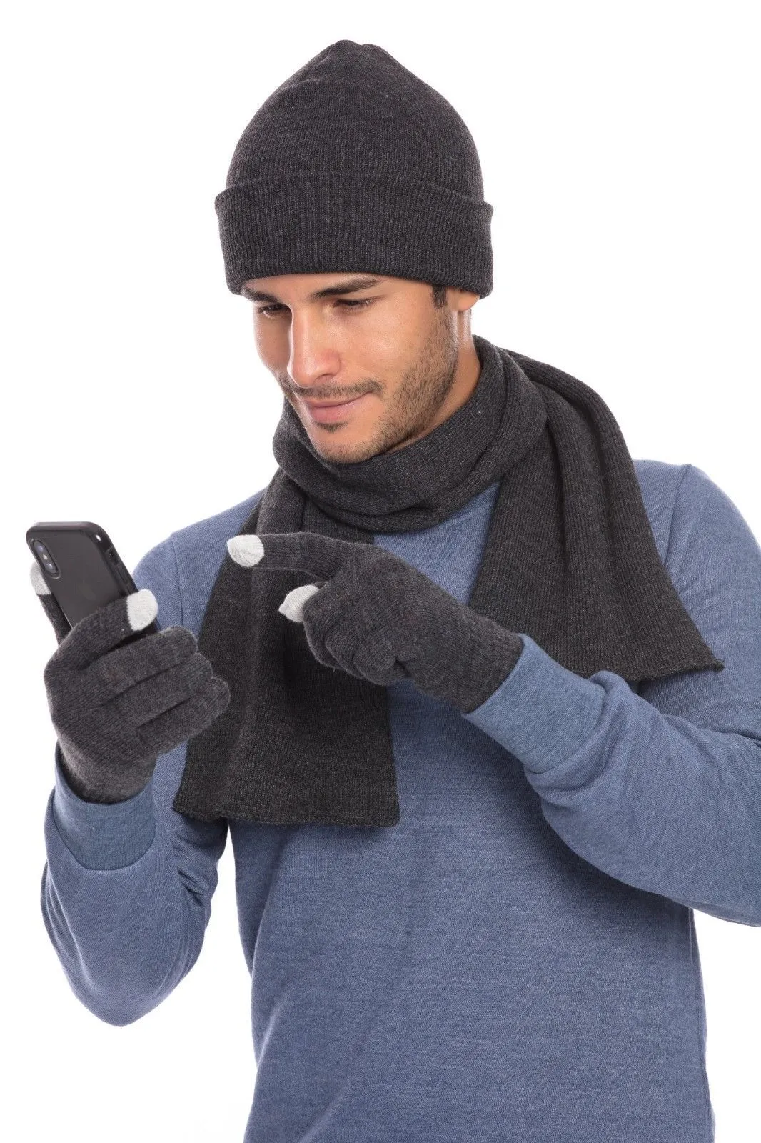 Casaba Winter 3 Piece Set Beanie Hat Scarf Touchscreen Gloves Flat Knit for Men Women