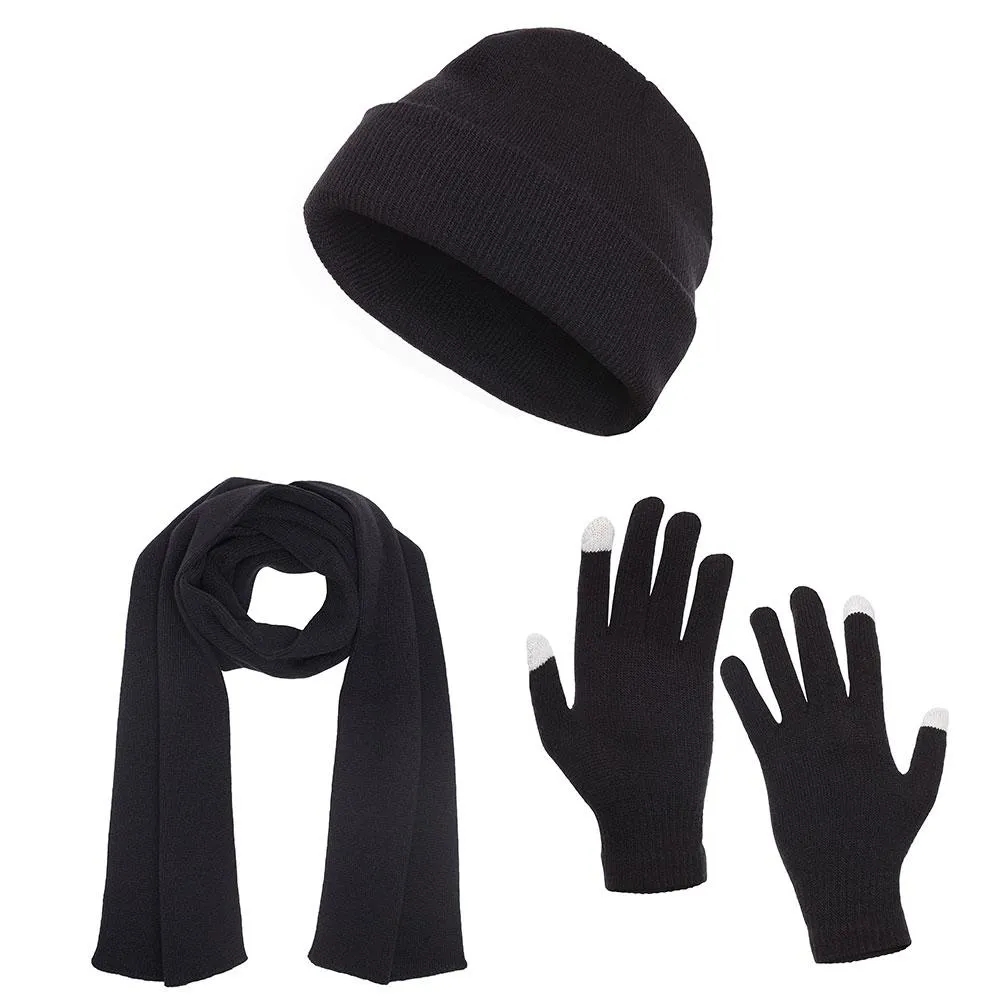 Casaba Winter 3 Piece Set Beanie Hat Scarf Touchscreen Gloves Flat Knit for Men Women