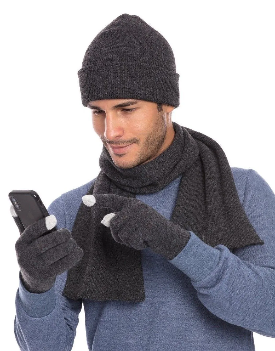 Casaba Winter 3 Piece Set Beanie Hat Scarf Touchscreen Gloves Flat Knit for Men Women