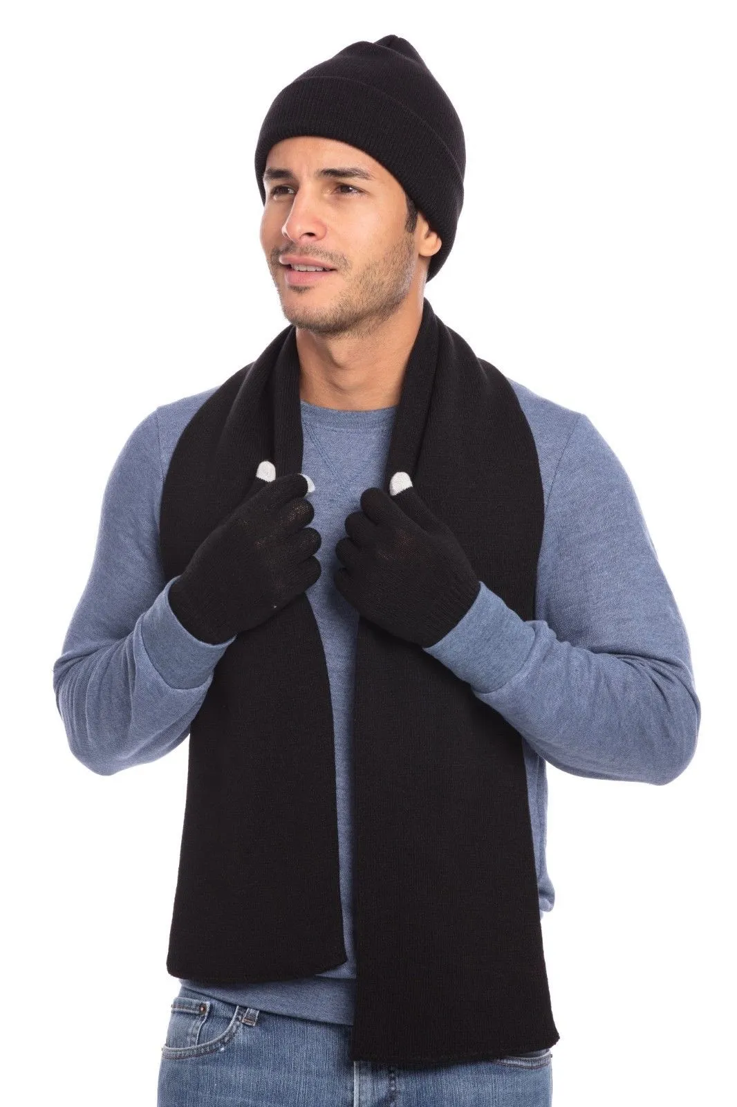 Casaba Winter 3 Piece Set Beanie Hat Scarf Touchscreen Gloves Flat Knit for Men Women