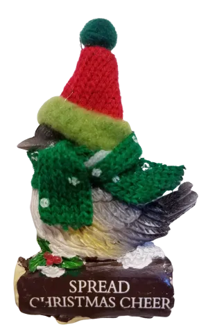 Cozy Bird with Green Scarf and Santa Hat Ornament 3"- Spread Christmas Cheer