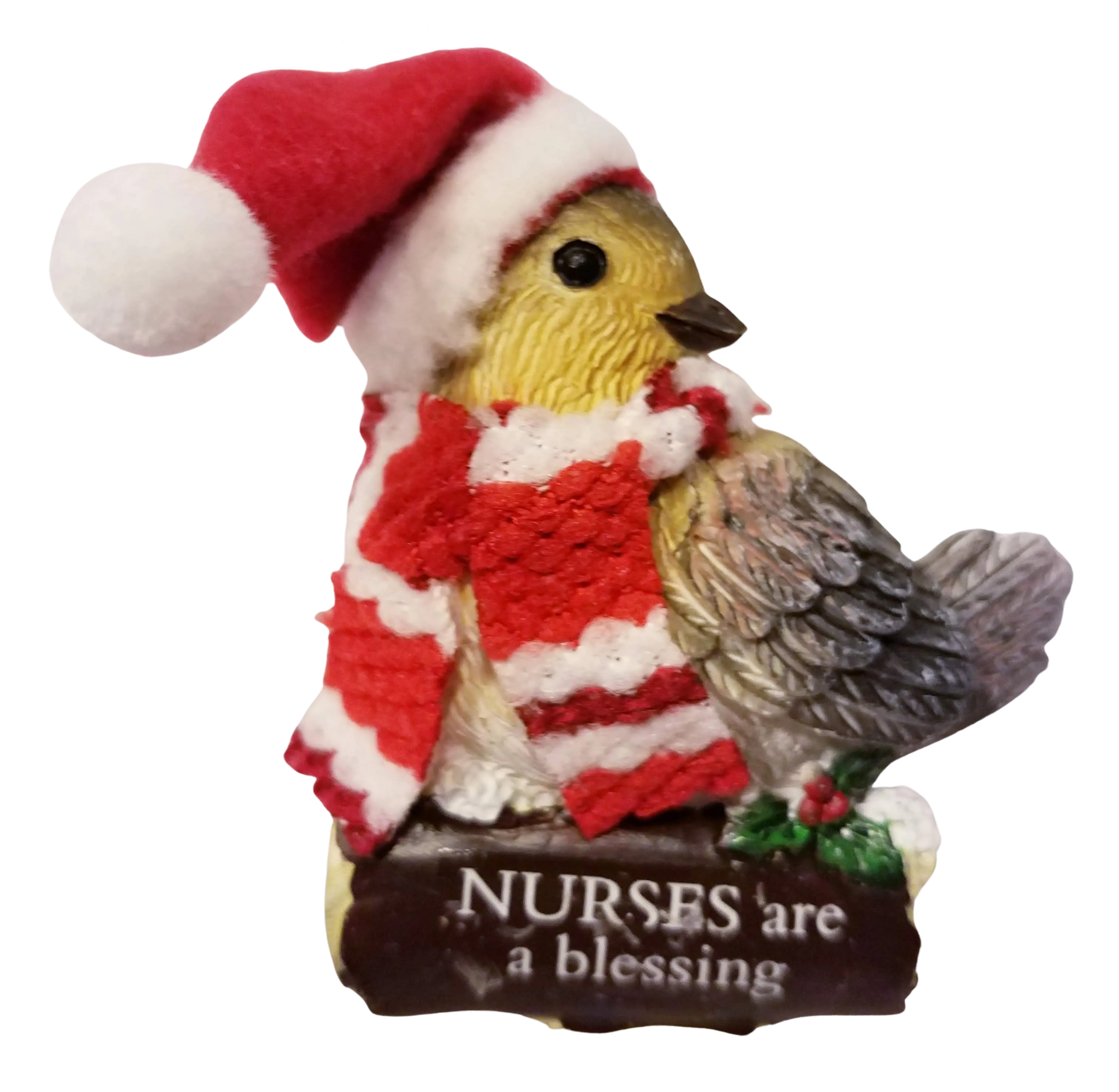 Cozy Bird with Red Scarf and Santa Hat Ornament 3"- Nurses are a Blessing