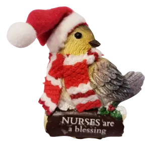 Cozy Bird with Red Scarf and Santa Hat Ornament 3"- Nurses are a Blessing