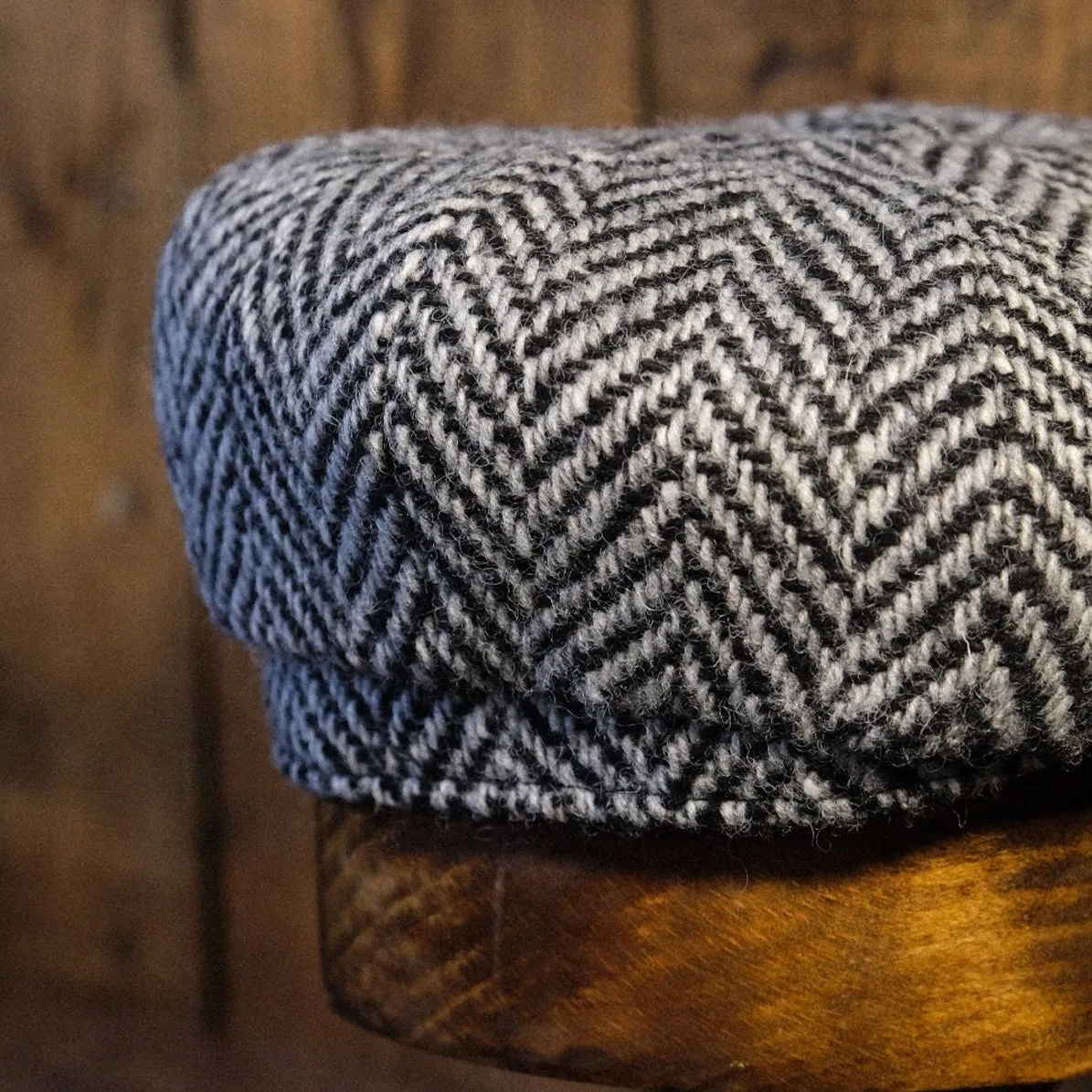 Eight Piece White & Black Herringbone Wool Newsboy Cap