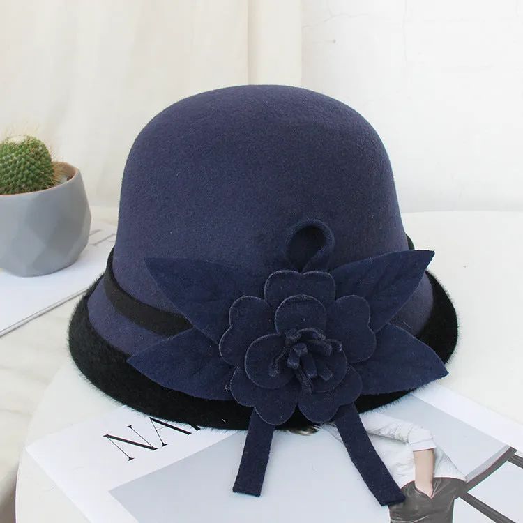 Elegant bowler hat for women Autumn and winter England vintage basin hat fashionable flowers keep warm