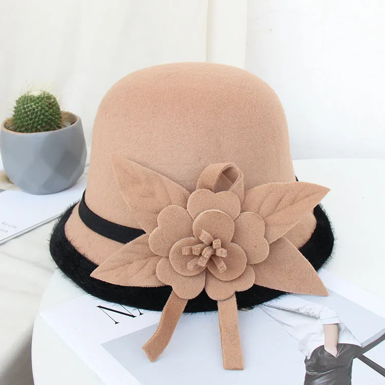 Elegant bowler hat for women Autumn and winter England vintage basin hat fashionable flowers keep warm