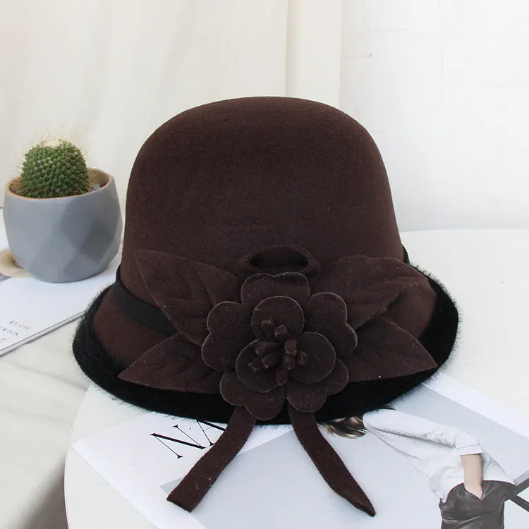 Elegant bowler hat for women Autumn and winter England vintage basin hat fashionable flowers keep warm