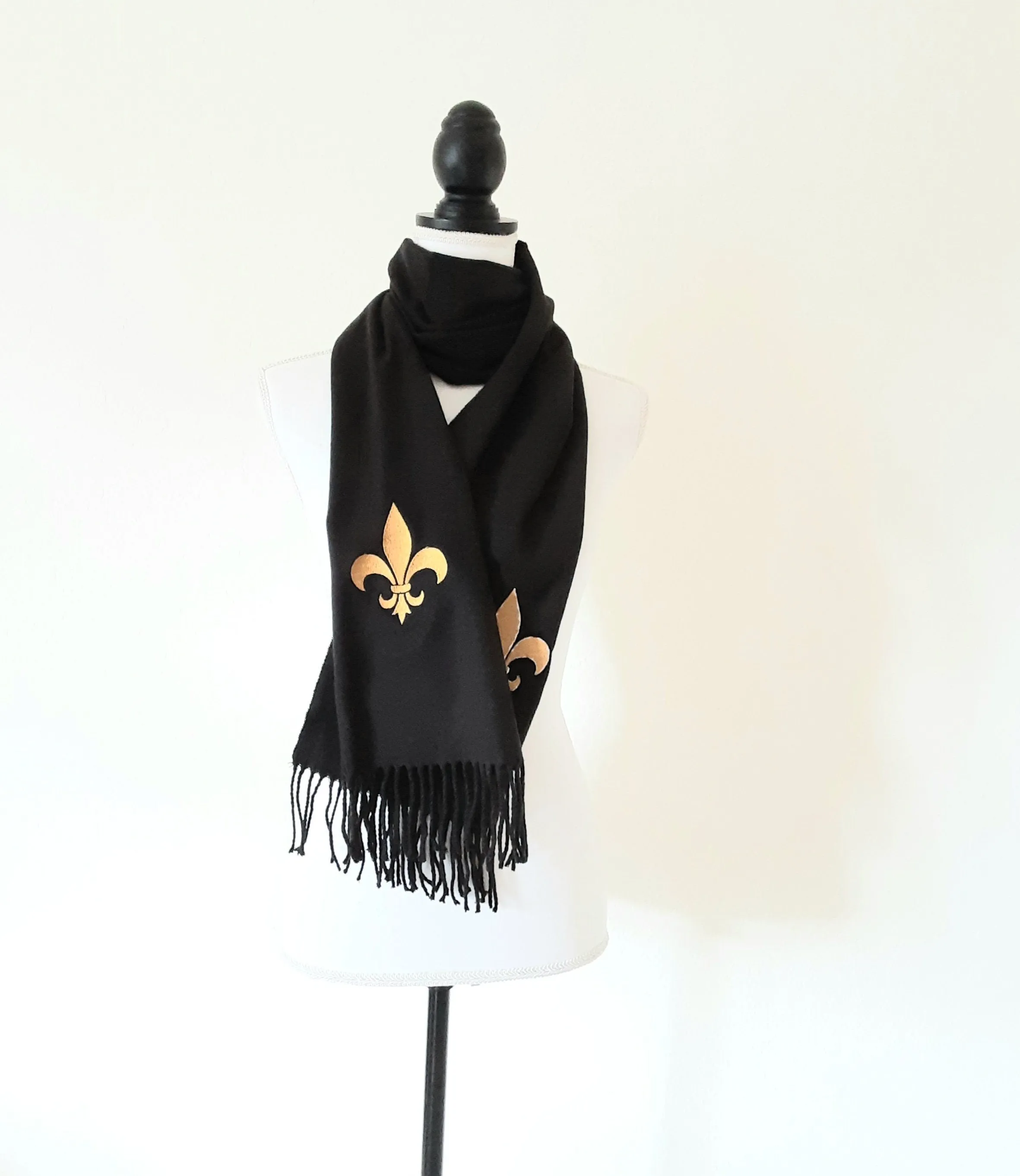 Embroidery Fleur De Lis/Black Cashmere Feel Scarf