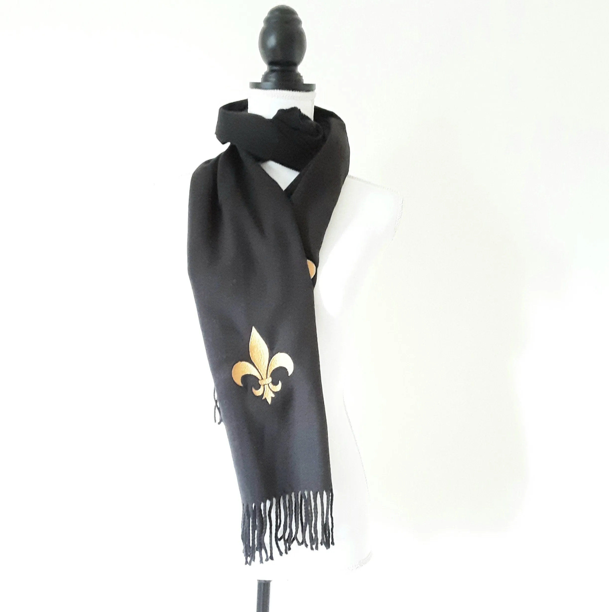 Embroidery Fleur De Lis/Black Cashmere Feel Scarf