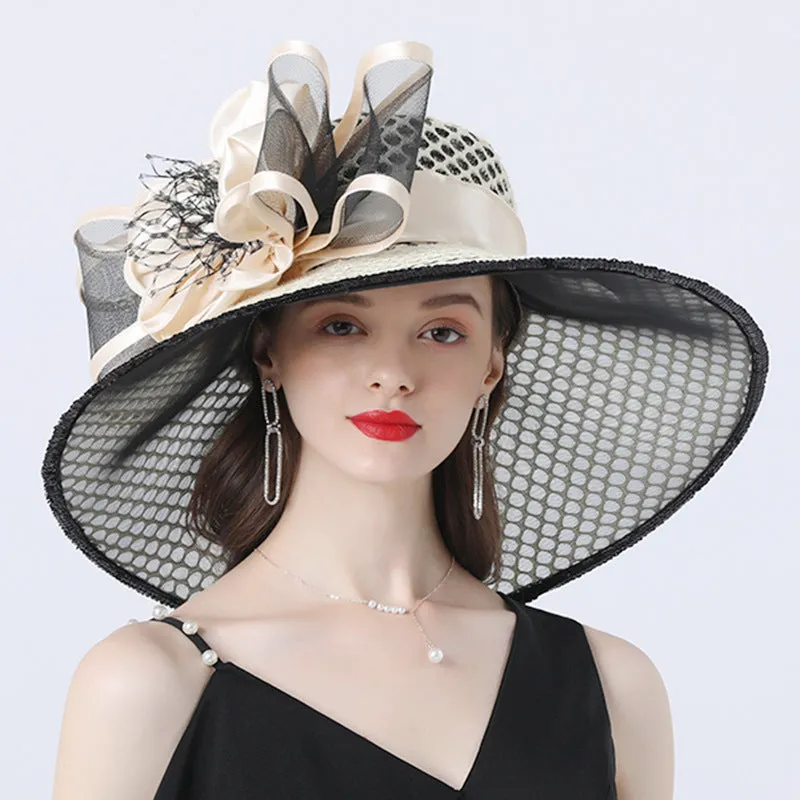 Exquisite Floral Embellished Wide Brim Organza Derby Hat