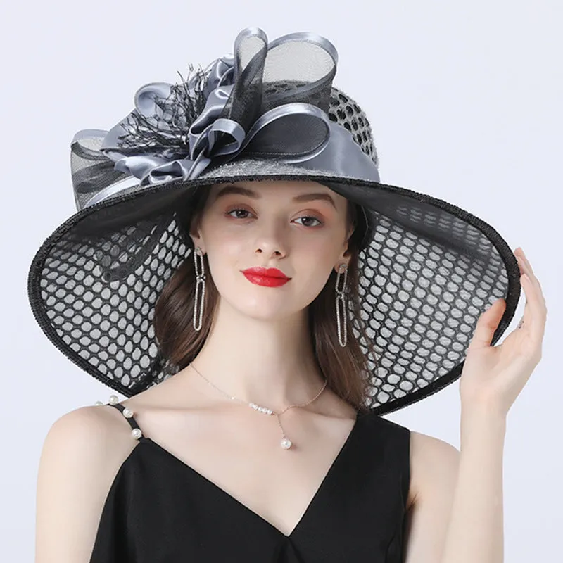 Exquisite Floral Embellished Wide Brim Organza Derby Hat