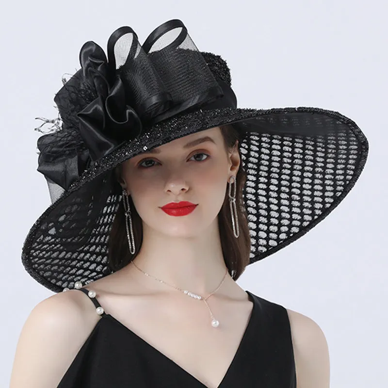 Exquisite Floral Embellished Wide Brim Organza Derby Hat