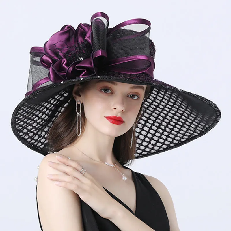 Exquisite Floral Embellished Wide Brim Organza Derby Hat