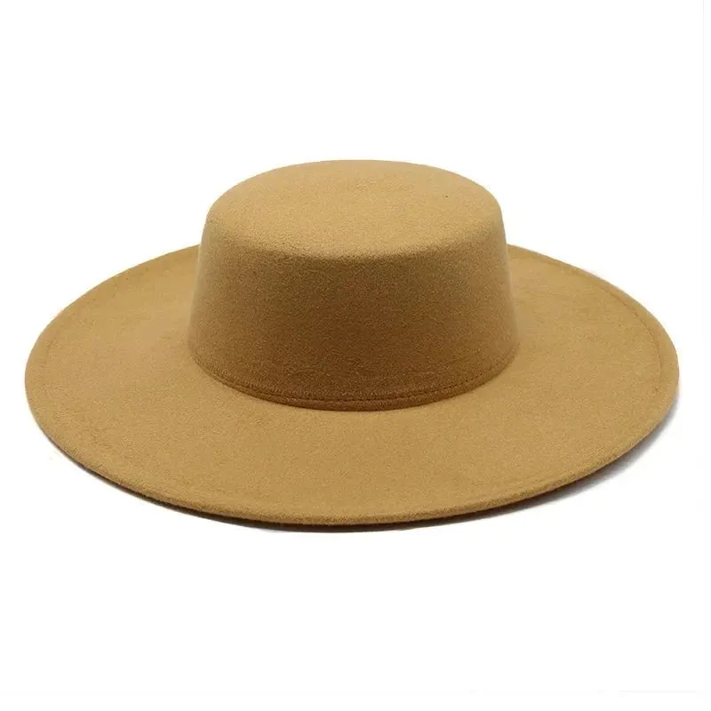 French Women's Hat Big Wide Brim Fedora Hats Flat Top Felt Hat