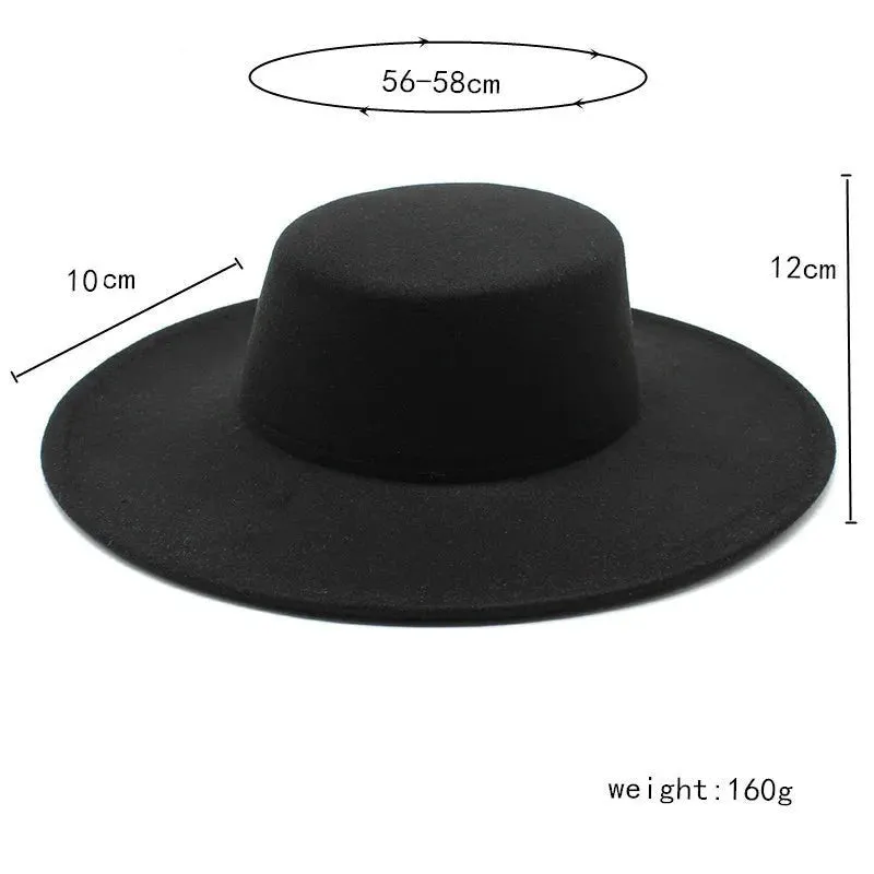 French Women's Hat Big Wide Brim Fedora Hats Flat Top Felt Hat