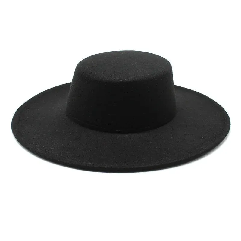 French Women's Hat Big Wide Brim Fedora Hats Flat Top Felt Hat