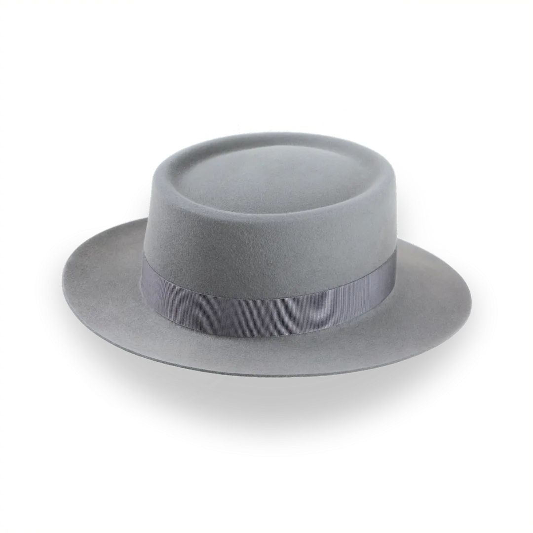 Grey Flat Top Wide Brim Fedora in Premium Fur Felt | The Player