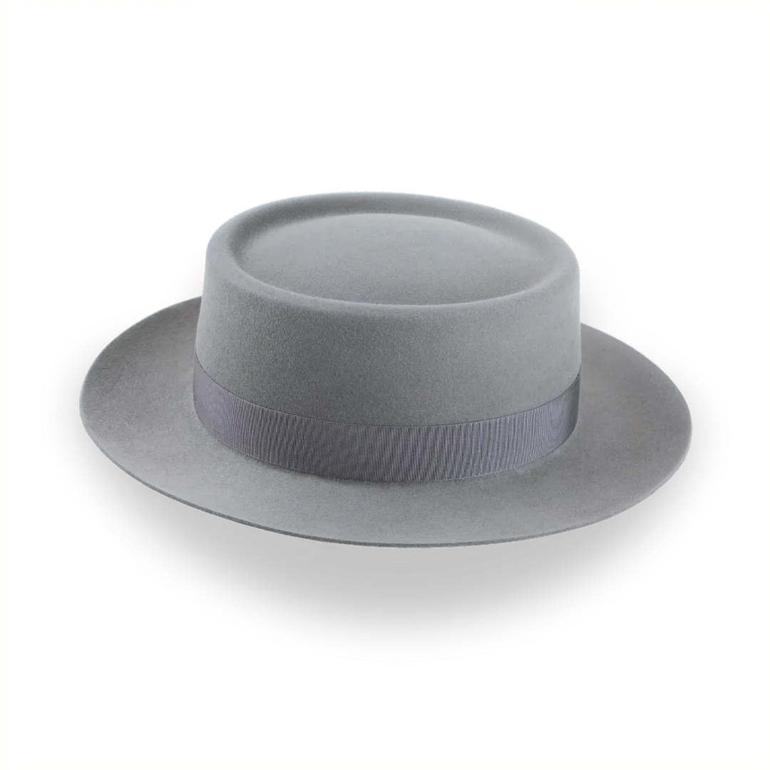 Grey Flat Top Wide Brim Fedora in Premium Fur Felt | The Player