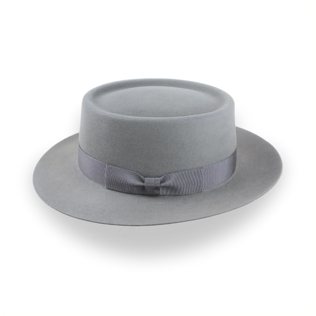 Grey Flat Top Wide Brim Fedora in Premium Fur Felt | The Player