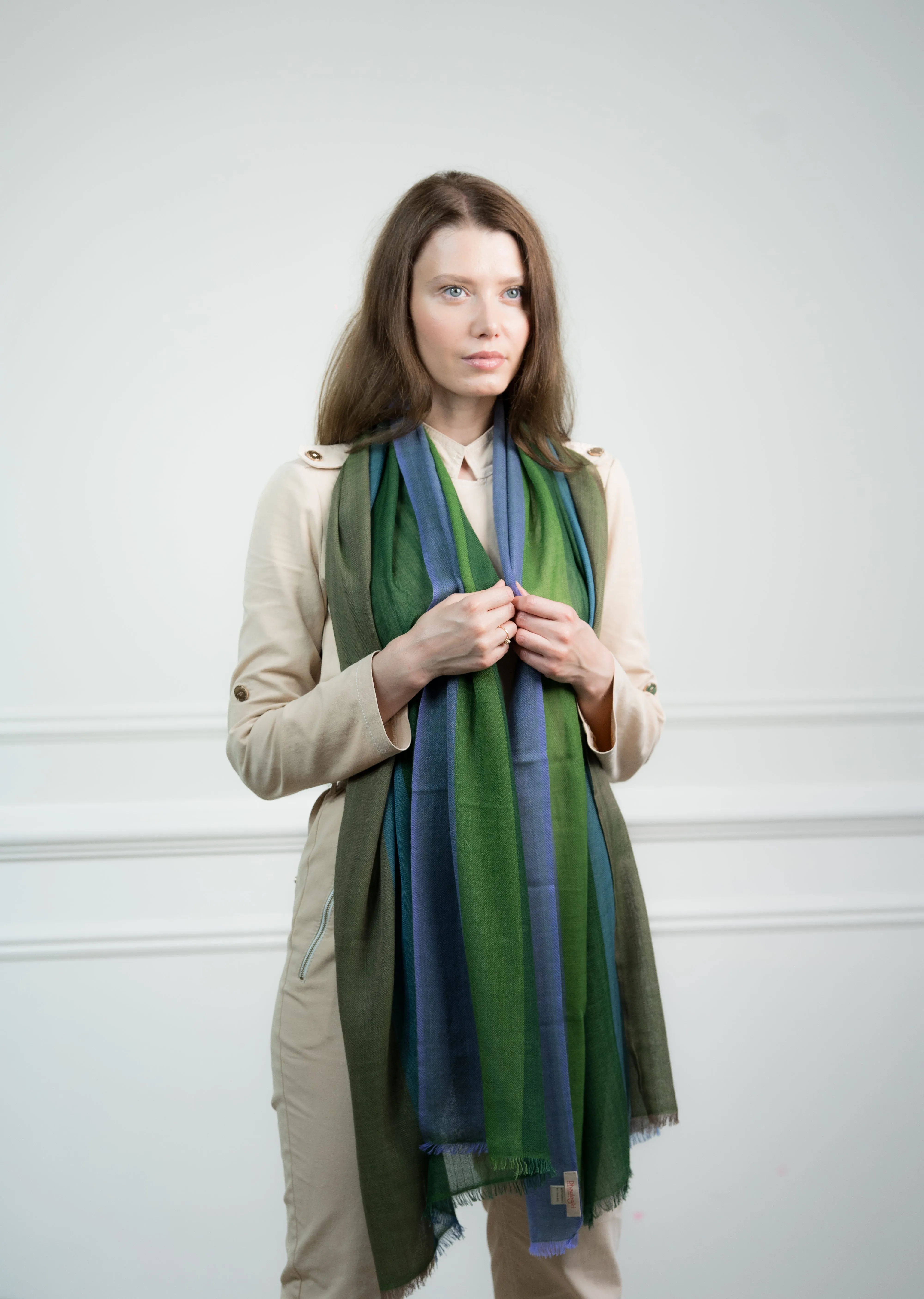 Herringbone Emerald 4 Color Block Cashmere Scarf