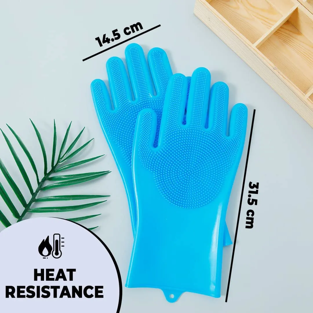 Kuber Industries Multi-Purpose Silicon Gloves For Kitchen Cleaning, Pet Grooming & Gardening|Reusable Gardening Gloves|Heat Resistant For Better Protection|Blue,Pack of2