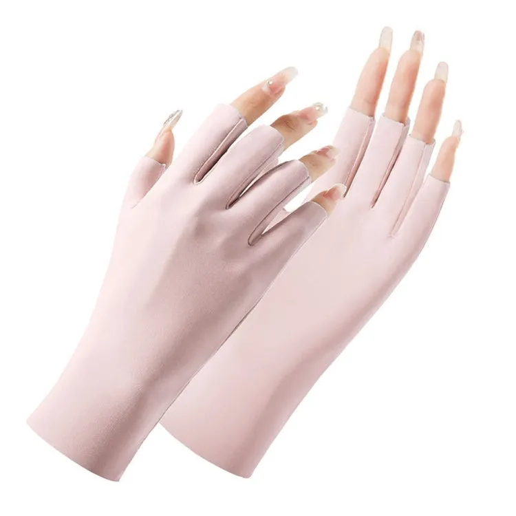 Ladies Sunscreen Gloves Half Finger Ice Silk Gloves,Style: Cent Finger(Pink)