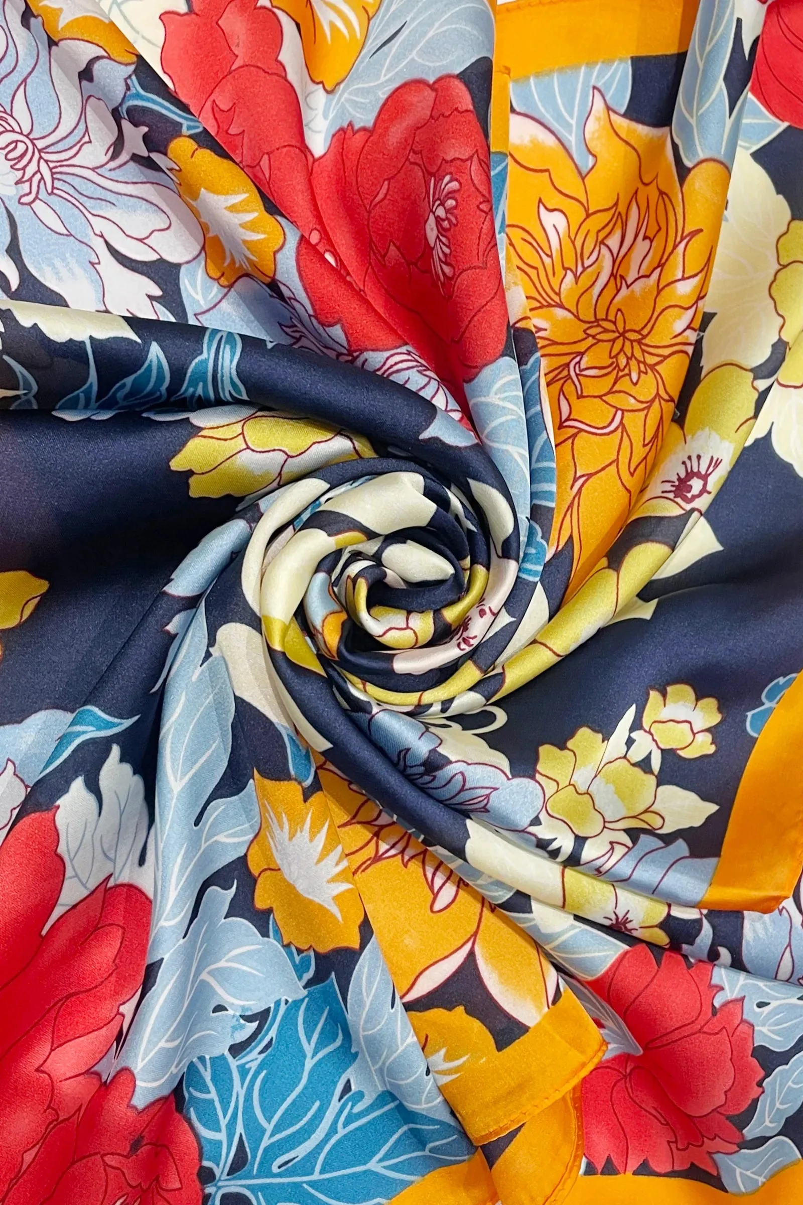 Multicolour Floral Print With Border Edge Square Scarf - Navy