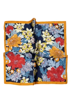 Multicolour Floral Print With Border Edge Square Scarf - Navy