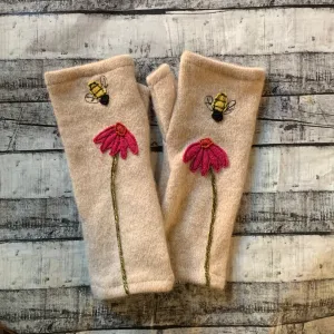 NEW! Cashmere Fingerless Gloves with Bee and Flower by Sardine Clothing Co.