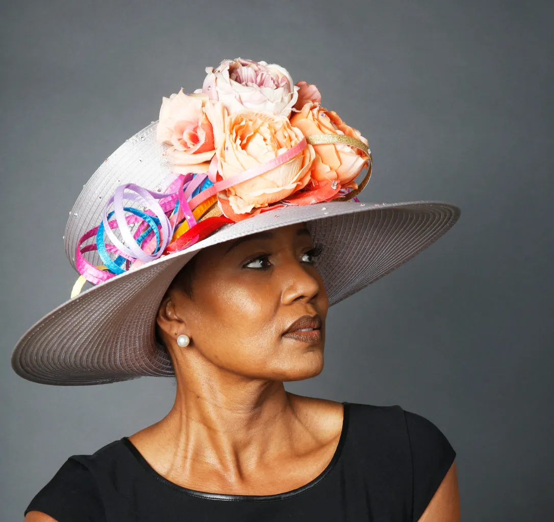 OE0026-Elegant ladies dress hats with flowers and bright satin trims