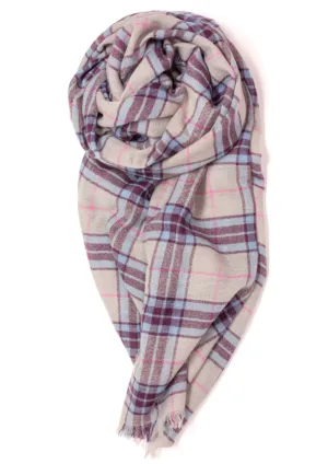 Raw Fringed Scarf, Light Grey Plaid