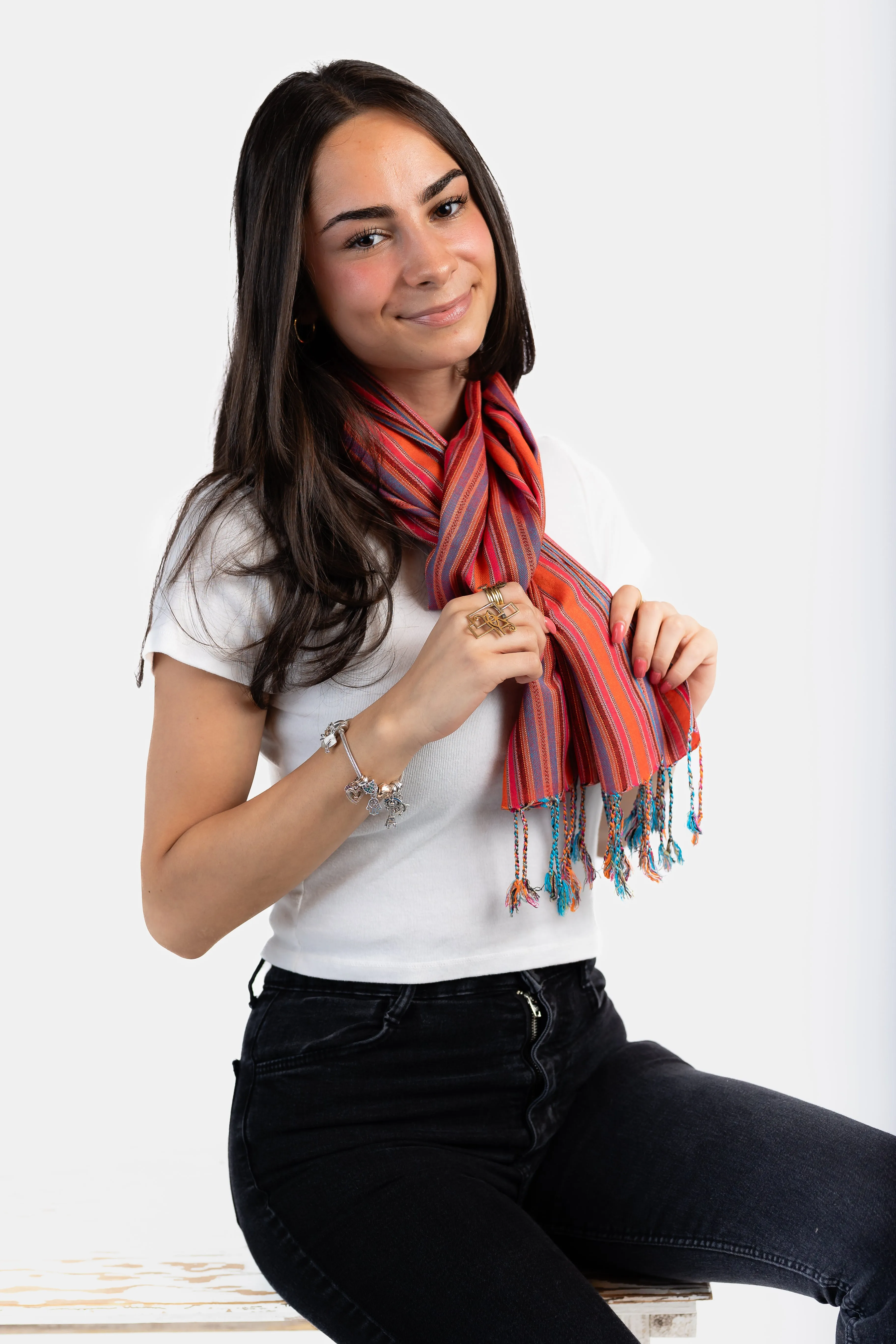 Small Striped Handwoven Scarf - Fuchsia & Orange