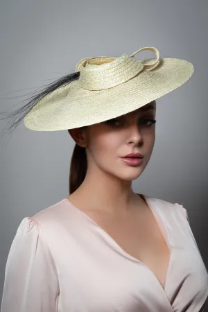 Straw Boater Hat with Feather Detail - Chloe