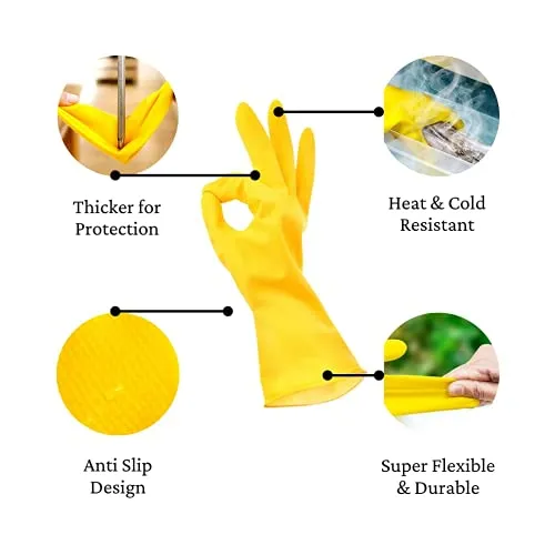 Sulfar Reusable Natural Latex Rubber Dish Washing Gloves (Large, 1 Pair, Flockline Yellow), Pack of 1