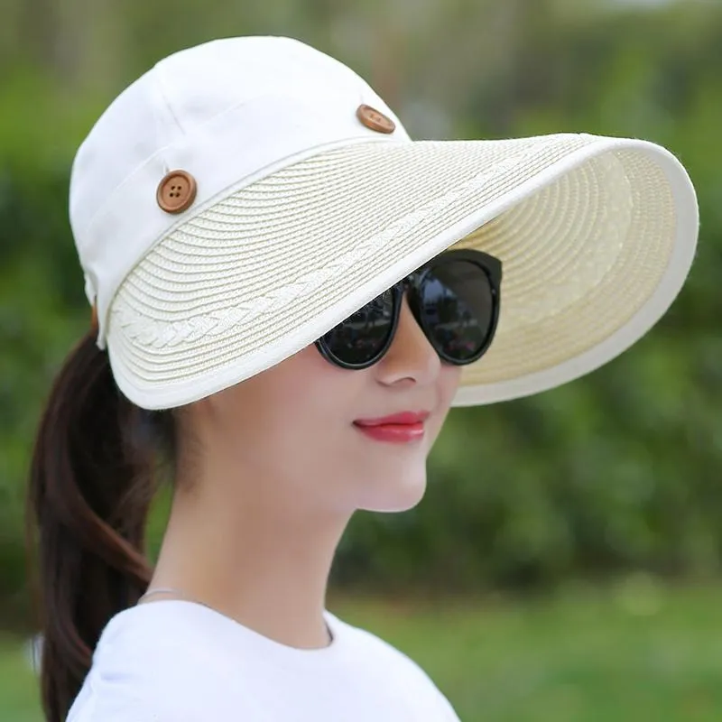 Summer Beach Floppy Wide Brim Button Straw Sun Hat