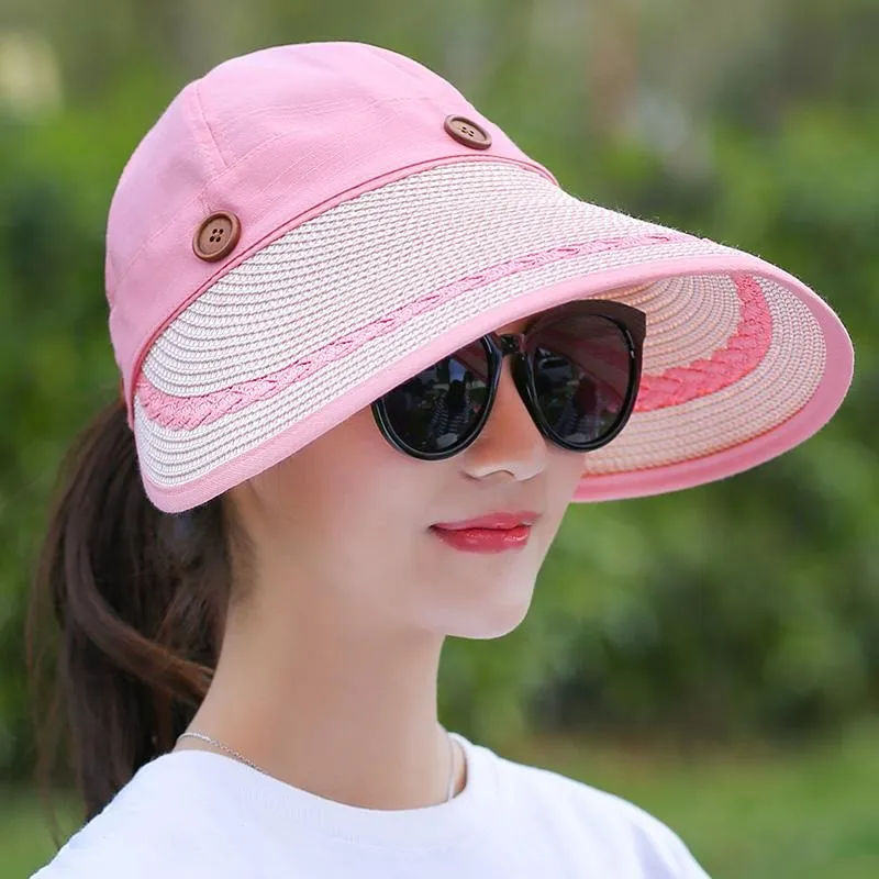 Summer Beach Floppy Wide Brim Button Straw Sun Hat