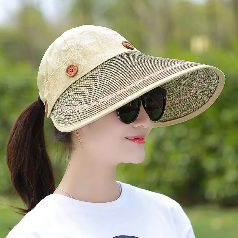 Summer Beach Floppy Wide Brim Button Straw Sun Hat