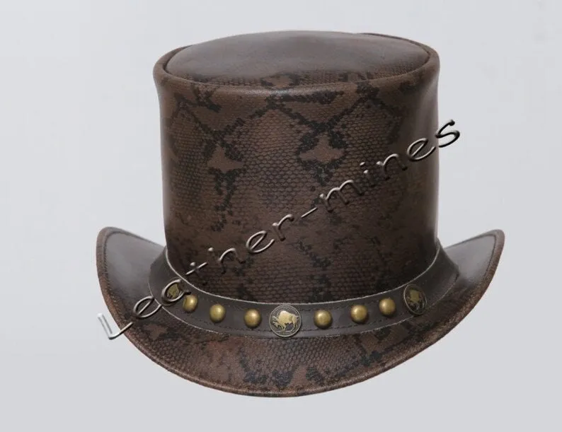 Top Hat Men's Leather Snake Style Motorcycle Five Cent & Studs Band Biker Top Hat- Brown