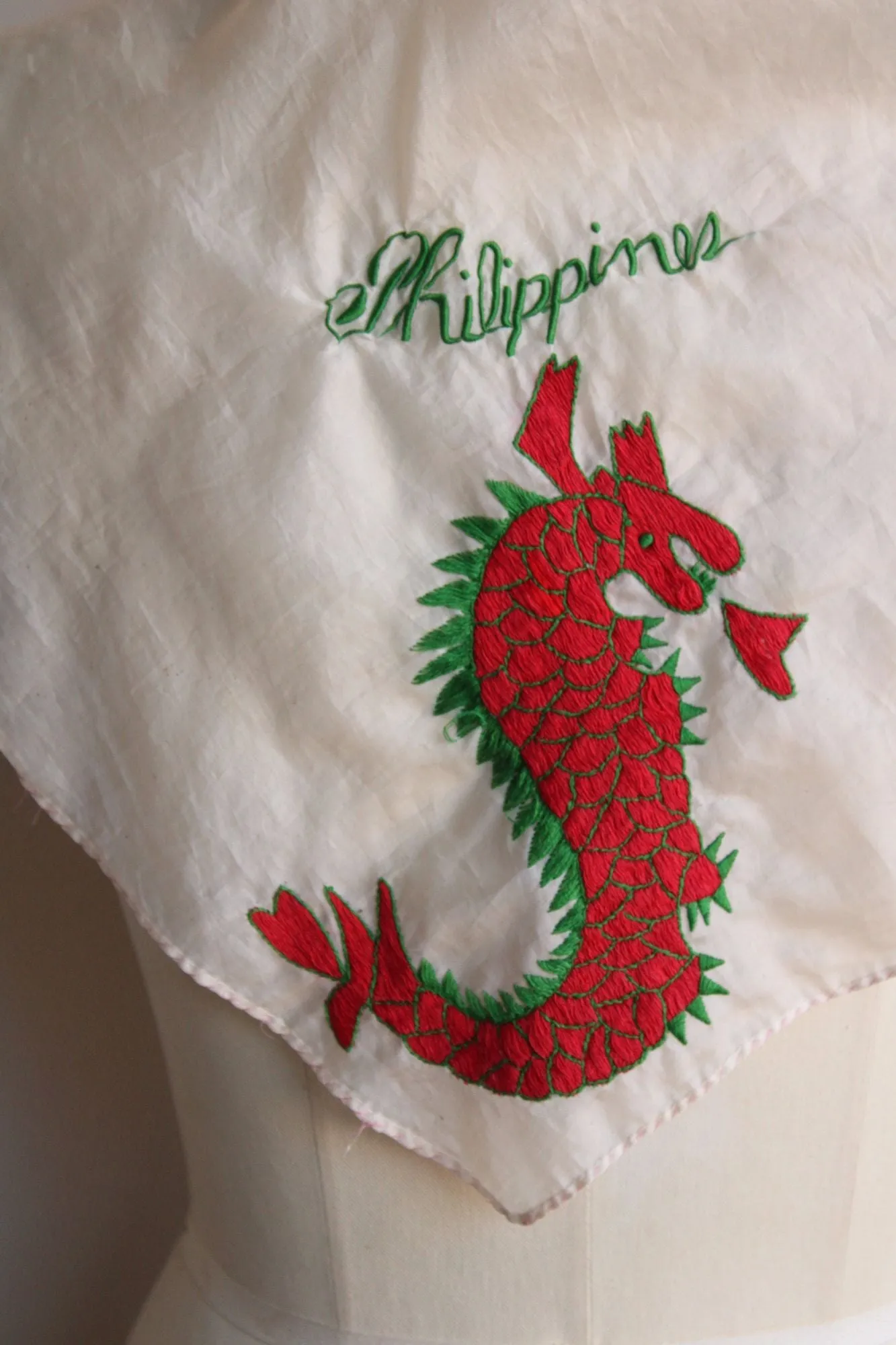 Vintage 1950s Philippines Dragon Embroidered Silk Scarf