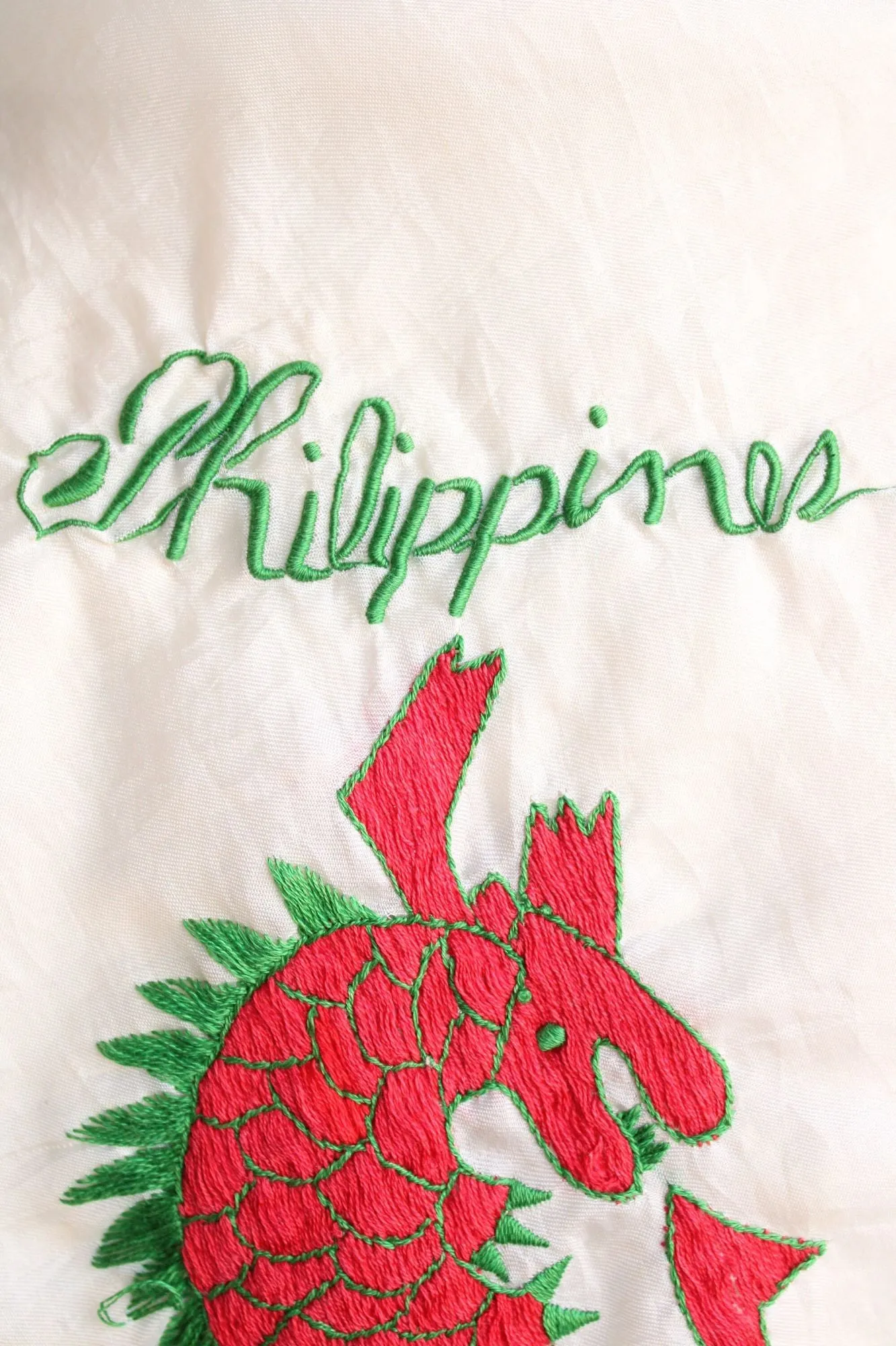 Vintage 1950s Philippines Dragon Embroidered Silk Scarf